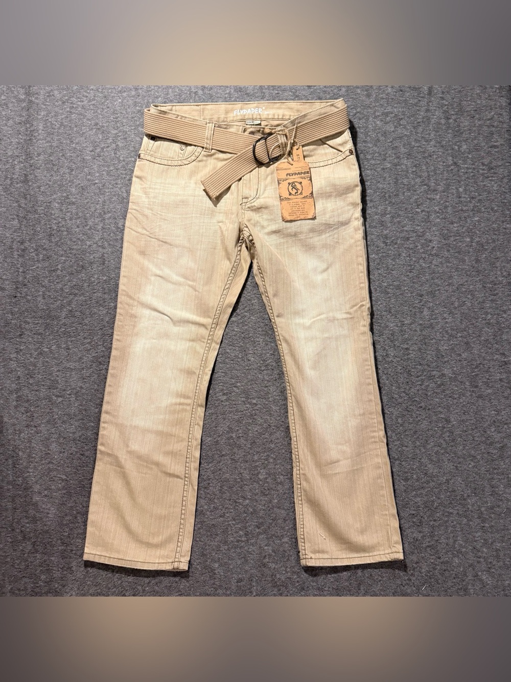 Flypaper Khaki Jeans Mens 34x30 Straight Belted 100% Cotton Faded Distressed y2k